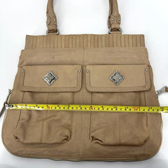 BCBG MAX AZRIA Tan Leather Handbag Purse Satchel with Double Handle - Picture 4 of 10